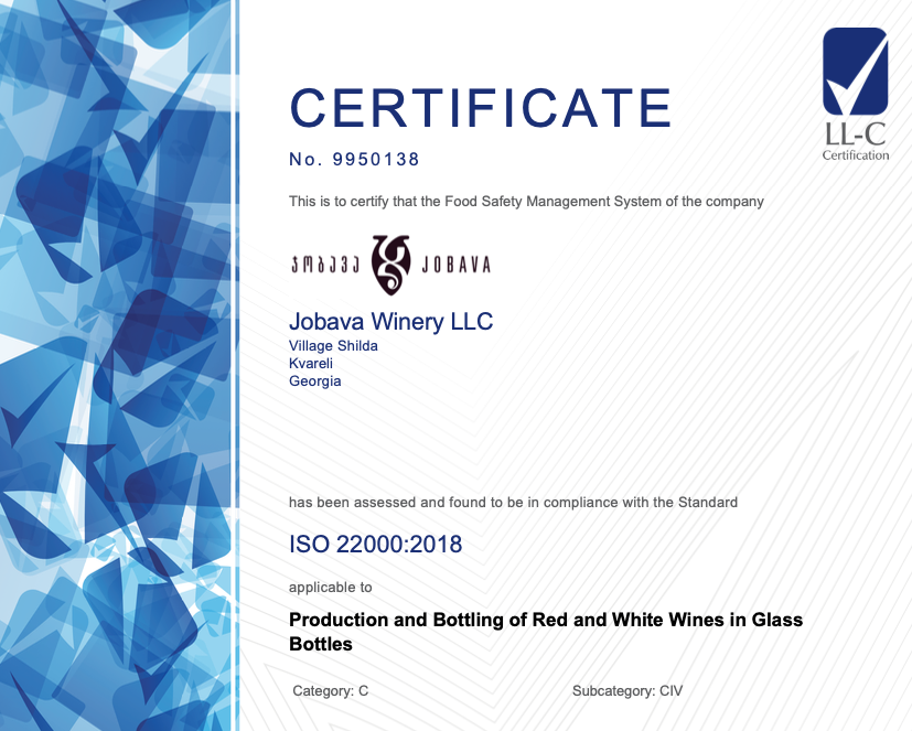 Jobava Winery Achieves ISO 22000 Certification for Red and White Wine Production